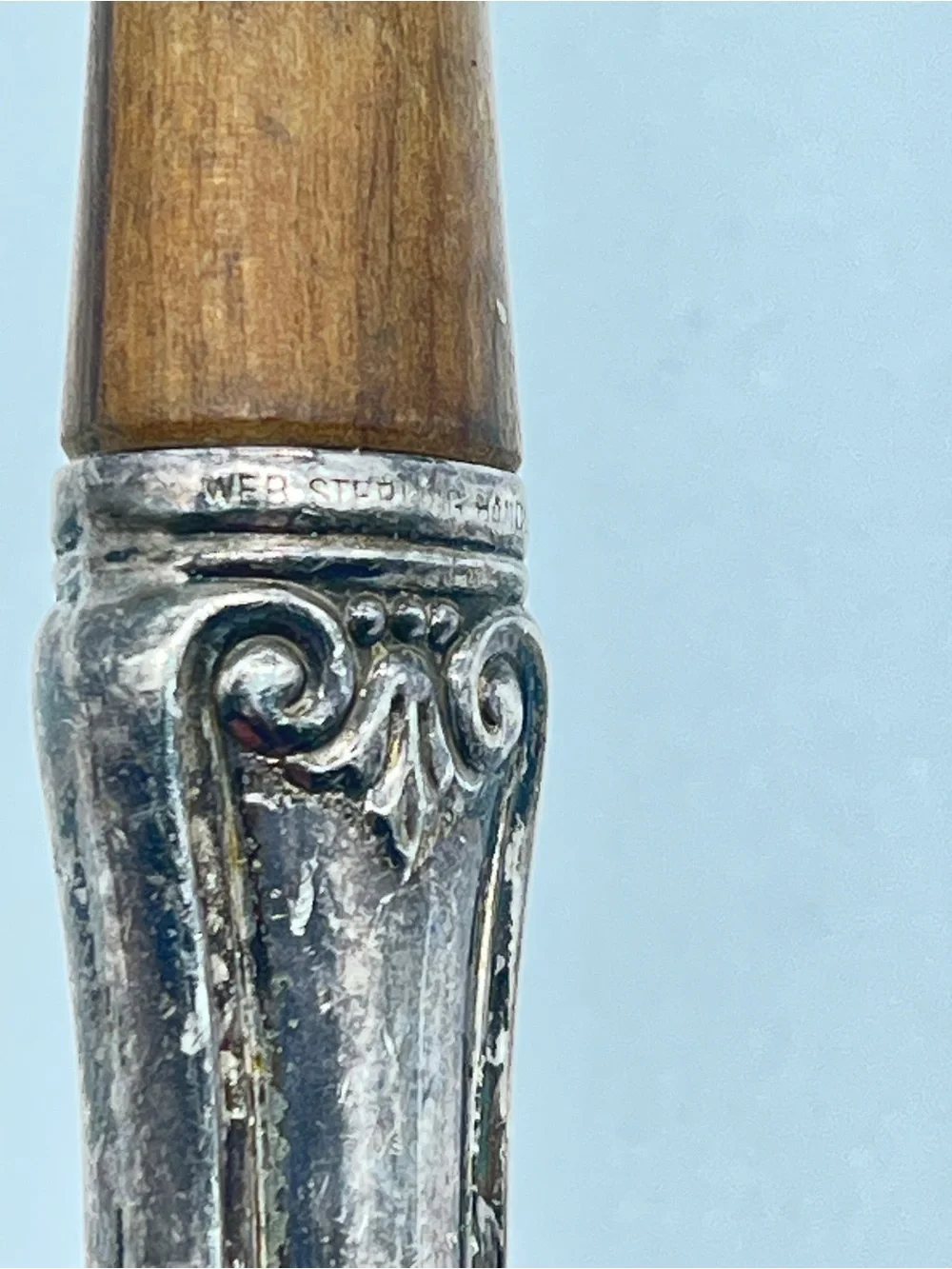 Vintage WEB wooden salad serving fork with ornate STERLING silver  handle.